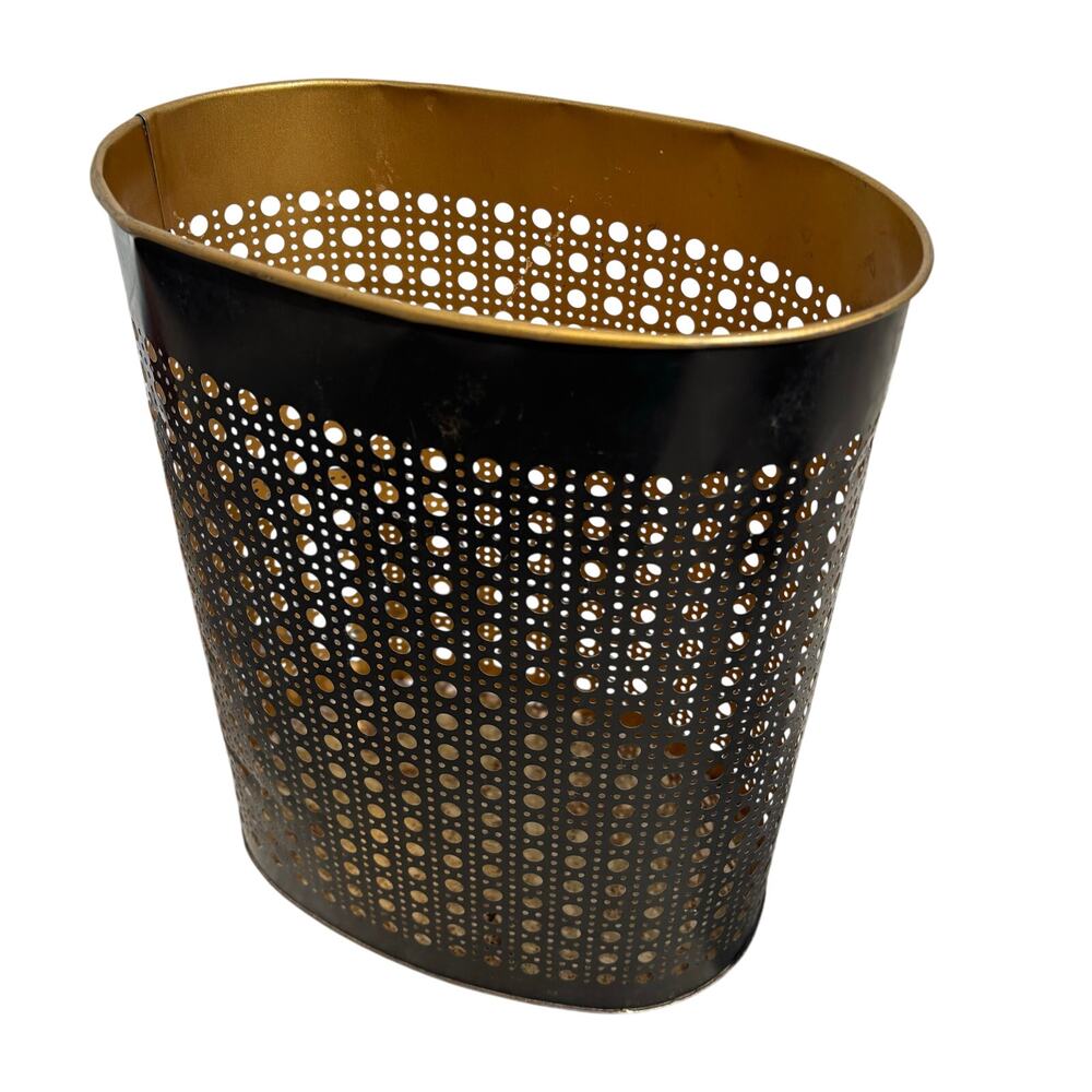 Vintage Perforated Metal Mesh Ornate Weibro Chicago USA Trash Can Black & Gold